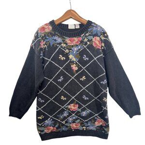 Vintage Huntington Ridge Womens Sweater Sz M Black Floral Cottage 80s FairyCore